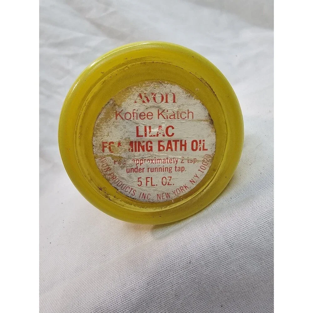 Avon Foam Bath Oil Empty Bottle Koffee Klatch Lilac Yellow Coffee Pot 5 Fl Oz